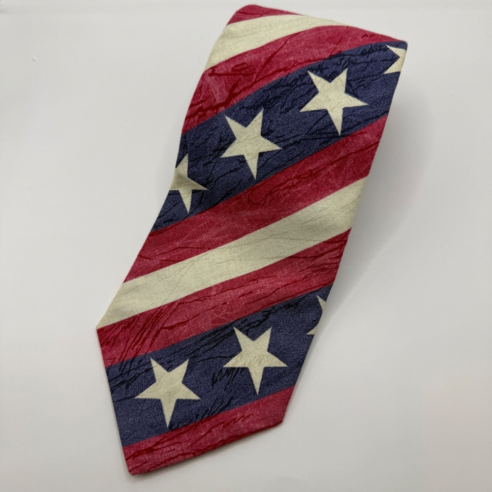 Rooster Mens American Flag Stars and Stripes Cotton Necktie Made in USA Red Blue - Picture 3 of 5